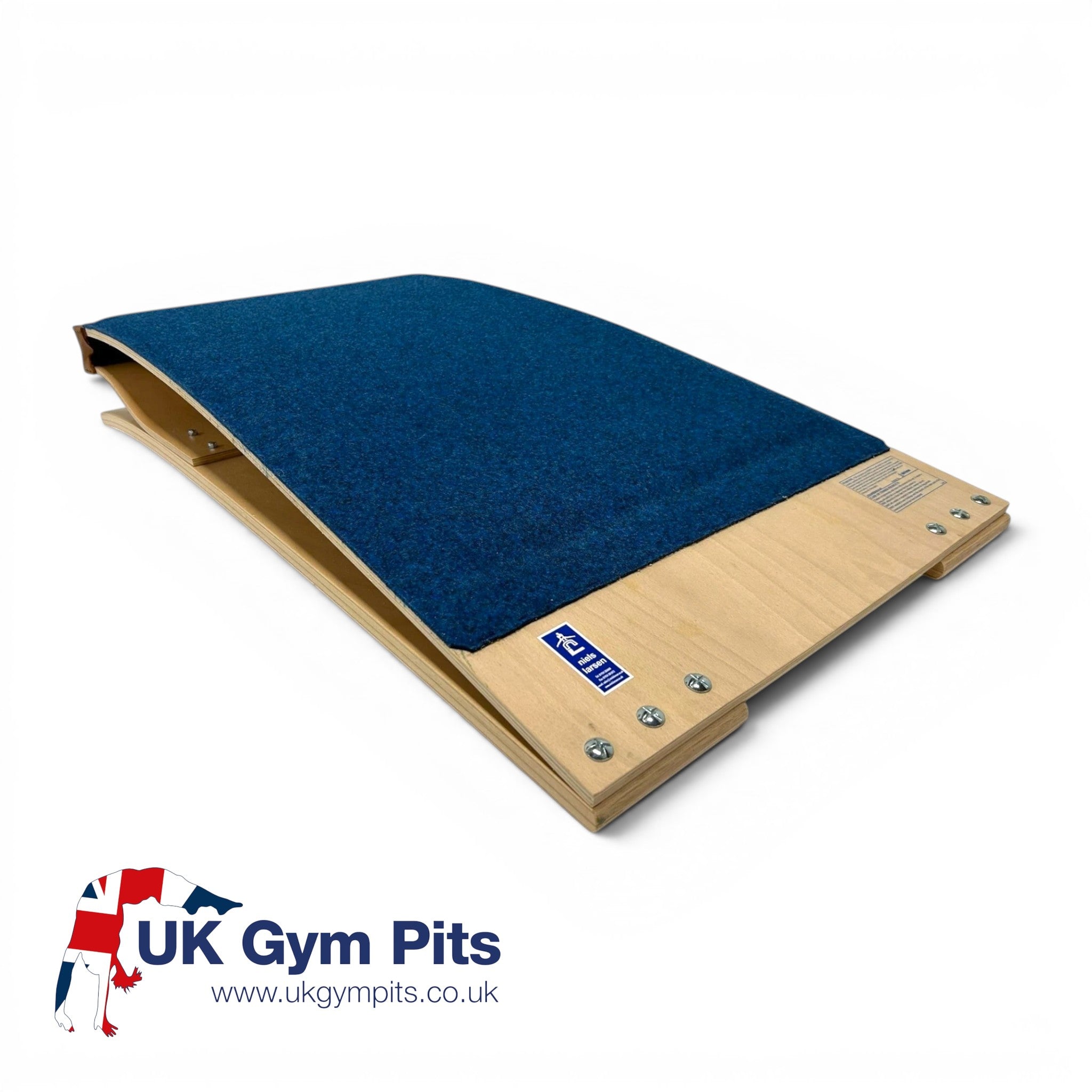 UK Gym Pits Club springboard made of moulded plywood with a blue antimicrobial carpet top for gymnastics training.
