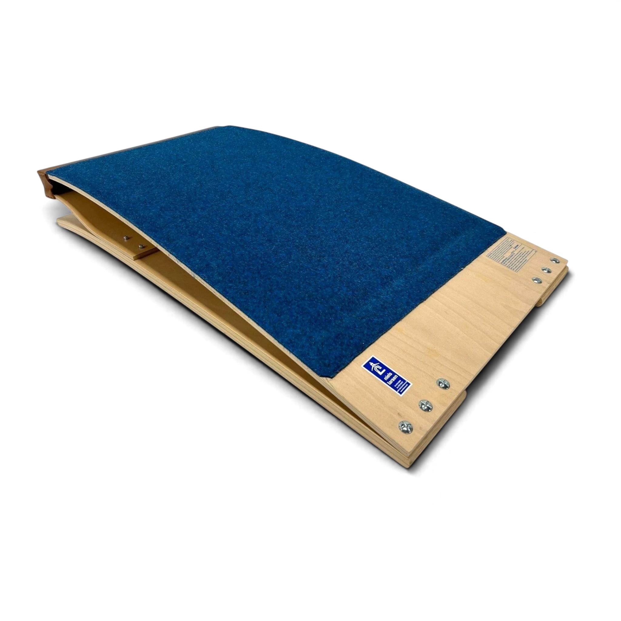 UK Gym Pits Club springboard made of moulded plywood with a blue antimicrobial carpet top for gymnastics training.