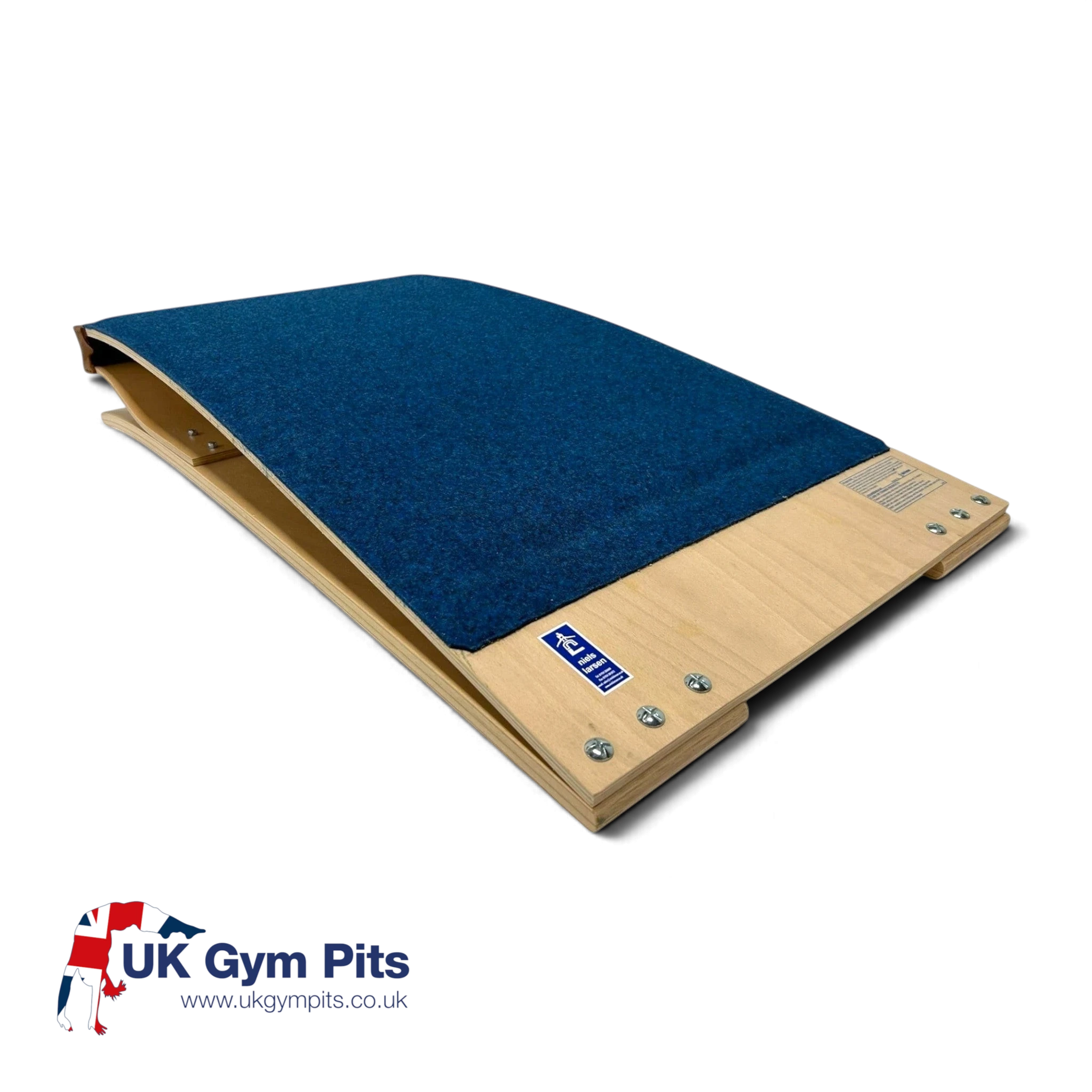 UK Gym Pits Club springboard made of moulded plywood with a blue antimicrobial carpet top for gymnastics training.