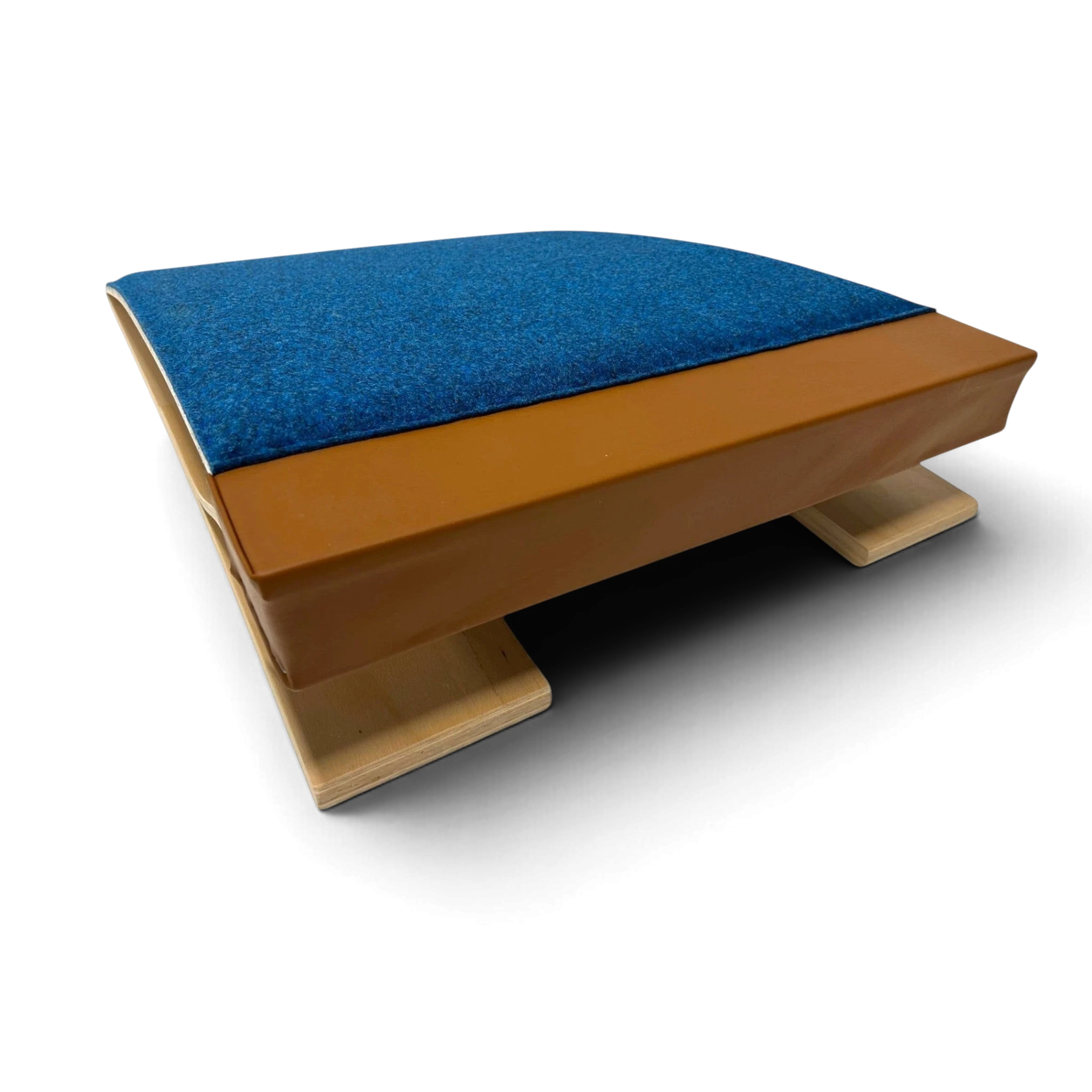 UK Gym Pits Club springboard with blue carpeted top, brown padded edges, and sturdy plywood base for gymnastics.