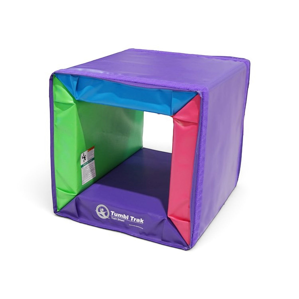 UK Gym Pits Colour Tunnel Mat folded into a square box shape with purple, green, blue, and pink vinyl foam panels.