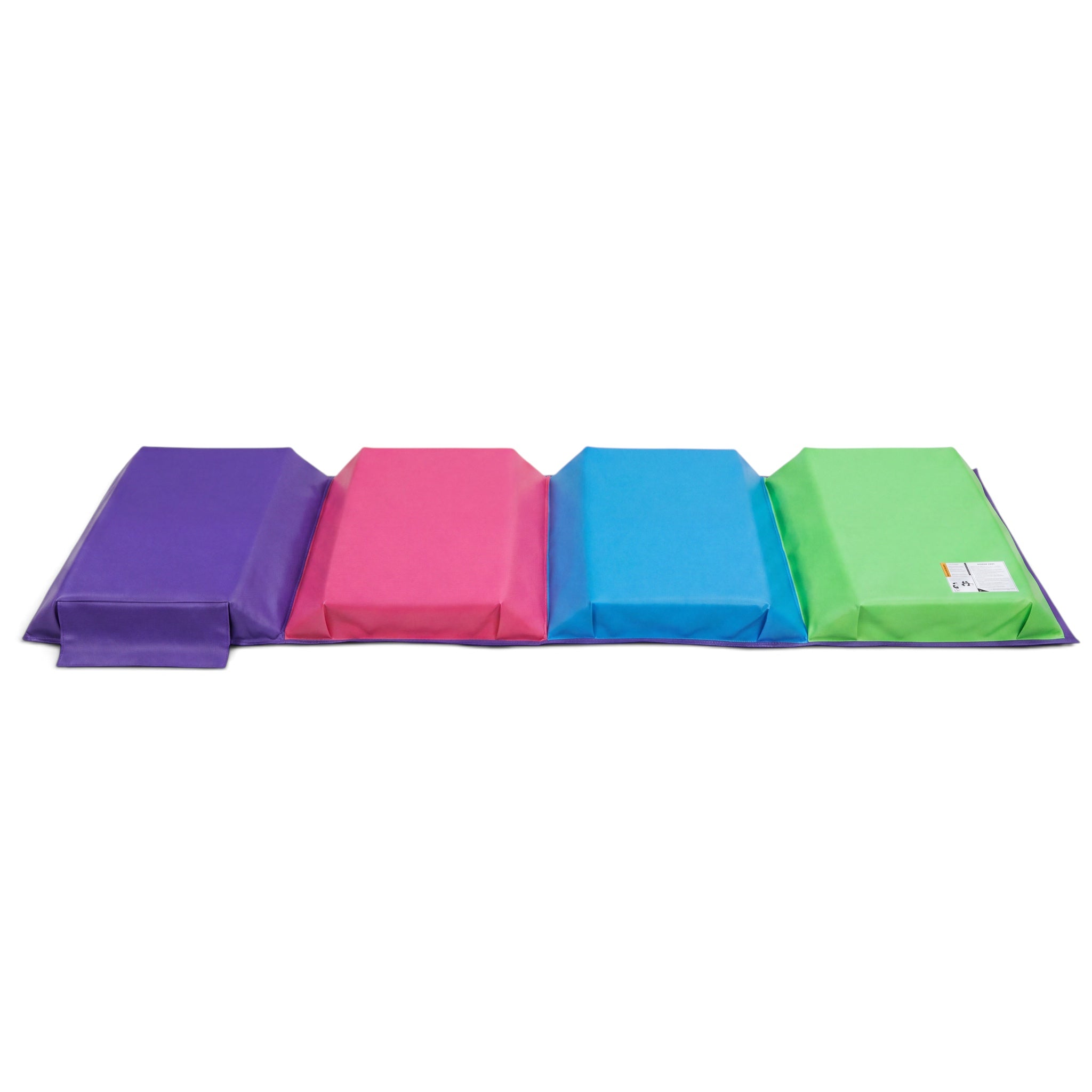 UK Gym Pits colour tunnel mat with four vibrant foam panels in purple, pink, blue, and green for active play.