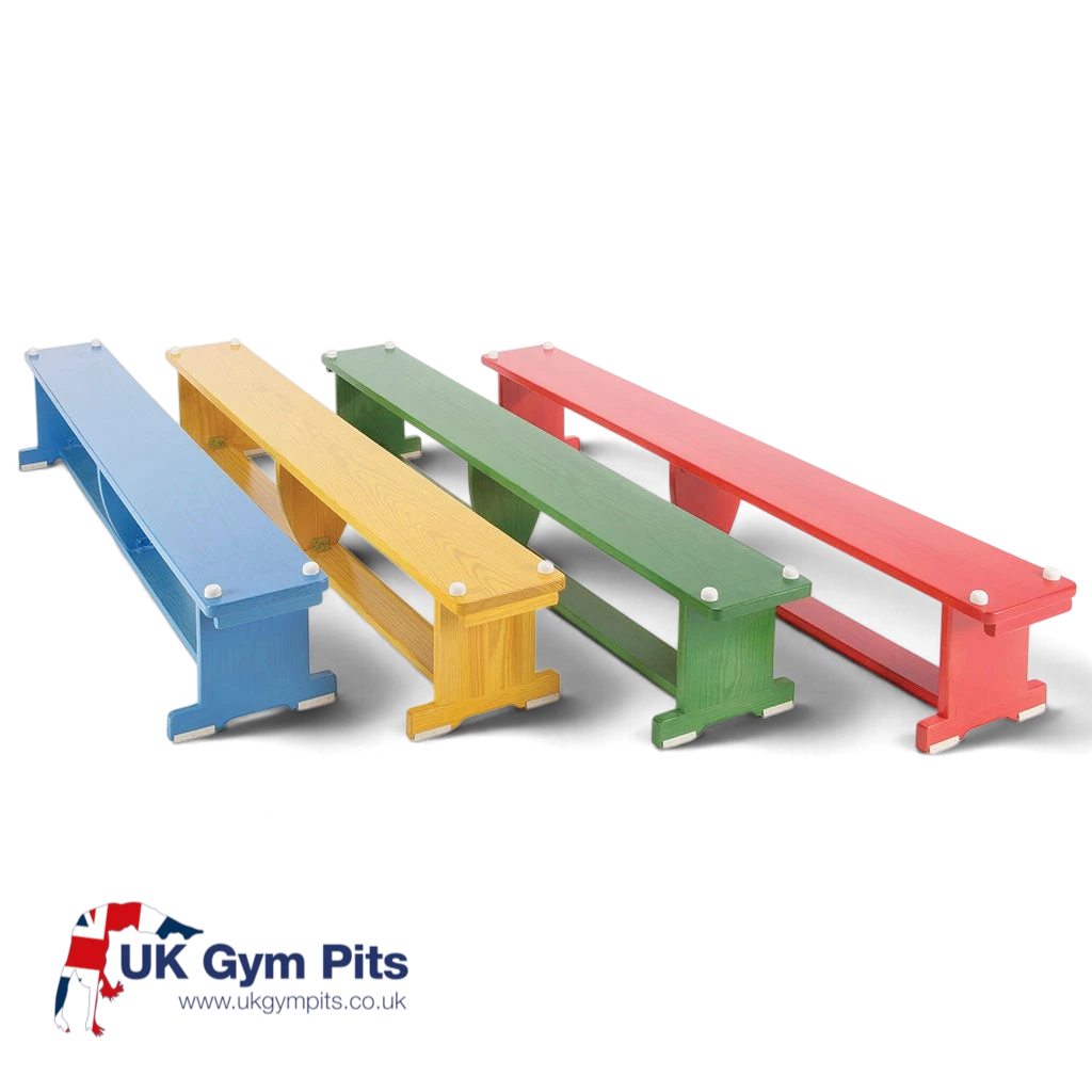 UK Gym Pits set of four coloured wooden balance benches for school gymnastics with anti-slip rubber feet