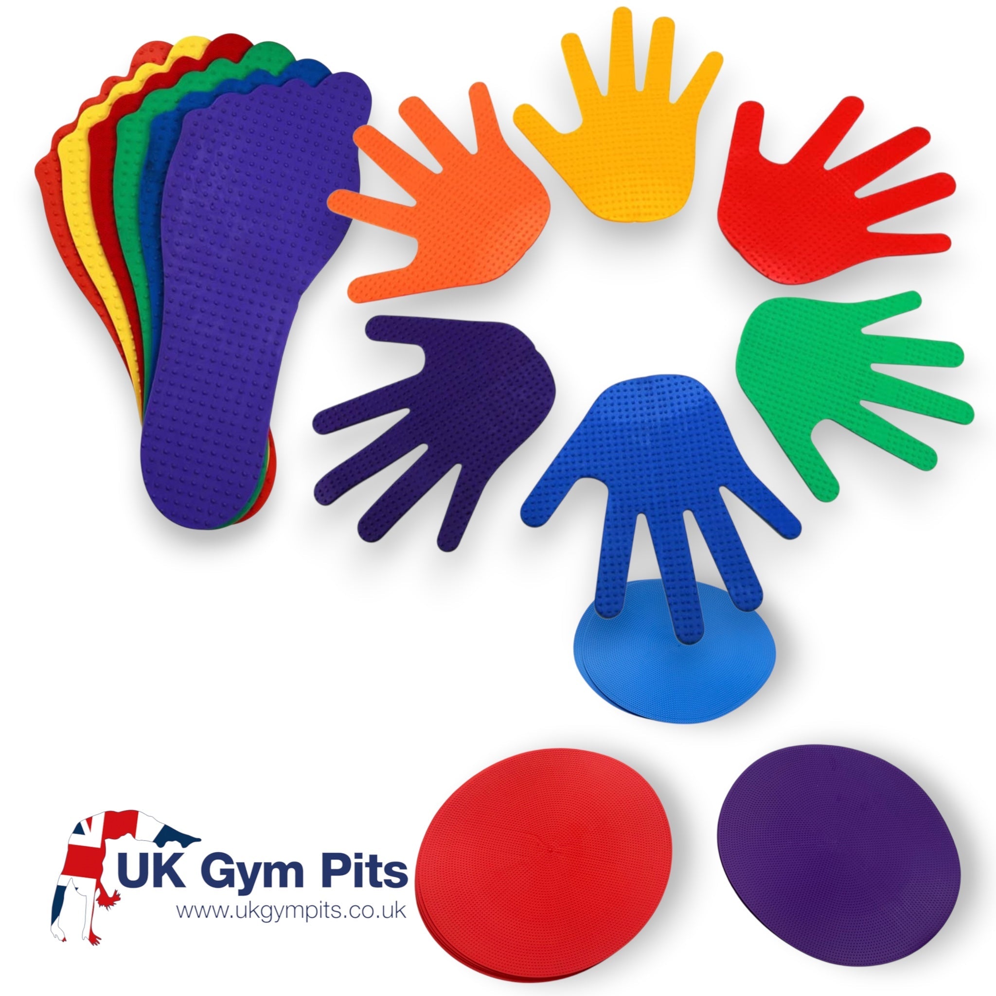 UK Gym Pits colourful TPR hand, foot, and spot placement markers for sports and preschool activities