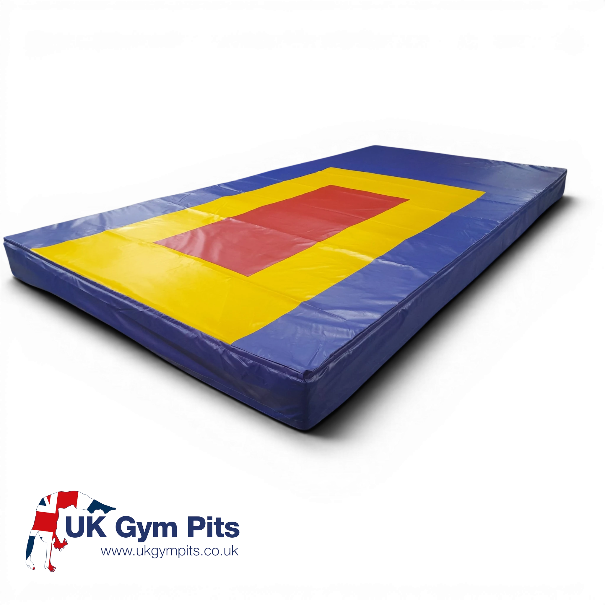 UK Gym Pits double mini tramp competition landing area with blue, yellow, and red FIG markings on a black background.