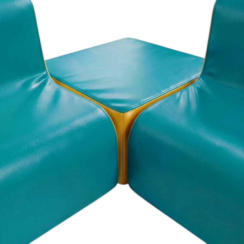 UK Gym Pits corner furniture set in teal and yellow vinyl for soft play areas, schools, and nurseries.