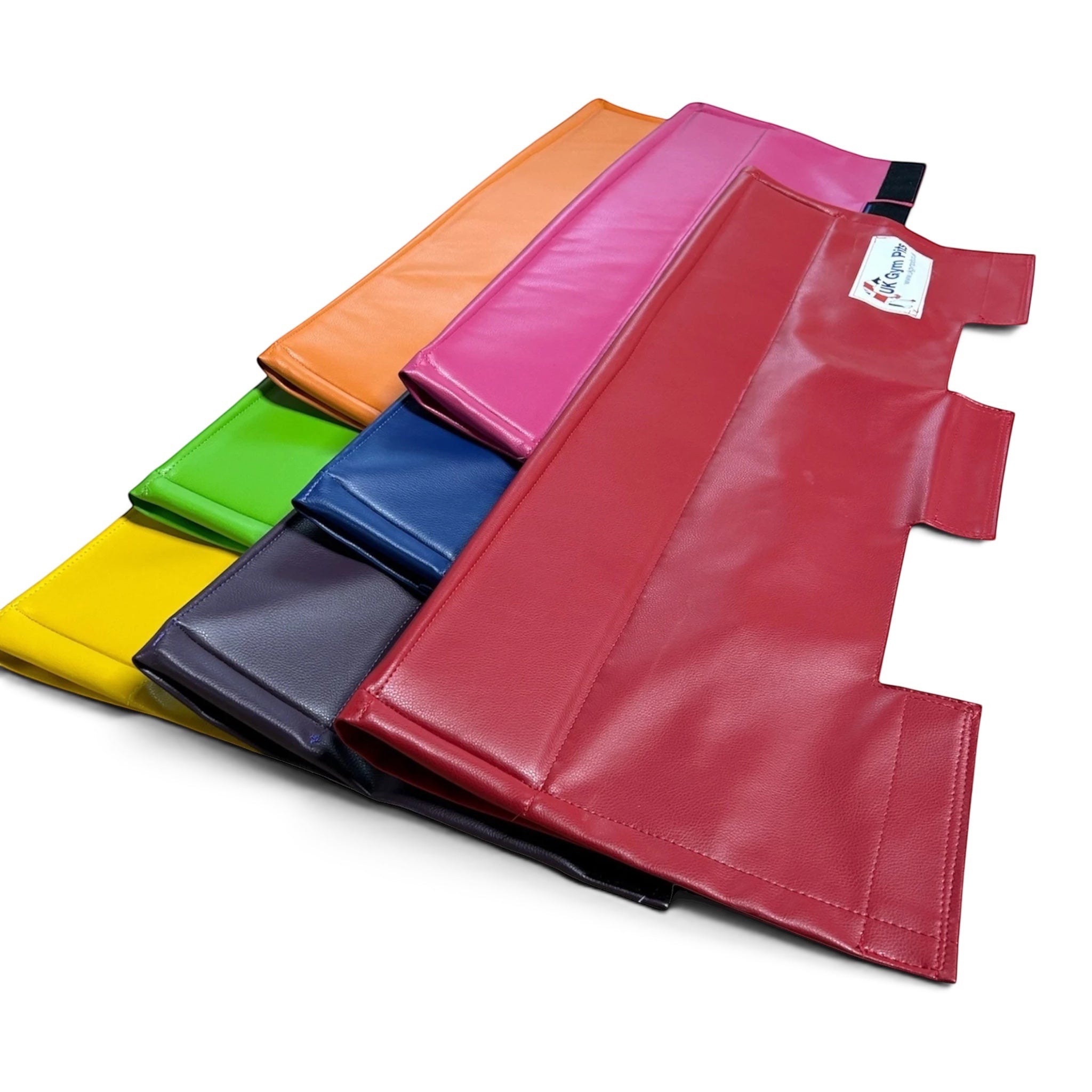 UK Gym Pits cushioned beam mats in various colours with faux leather anti-slip surface and secure Velcro tabs