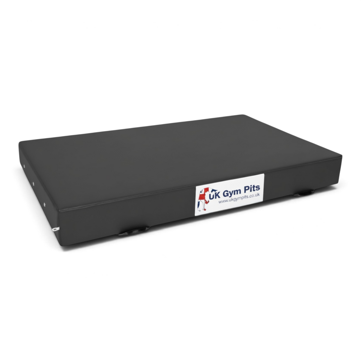 UK Gym Pits black shock-absorbing crash mat with heavy-duty handles and reinforced PVC cover for gymnastics safety.