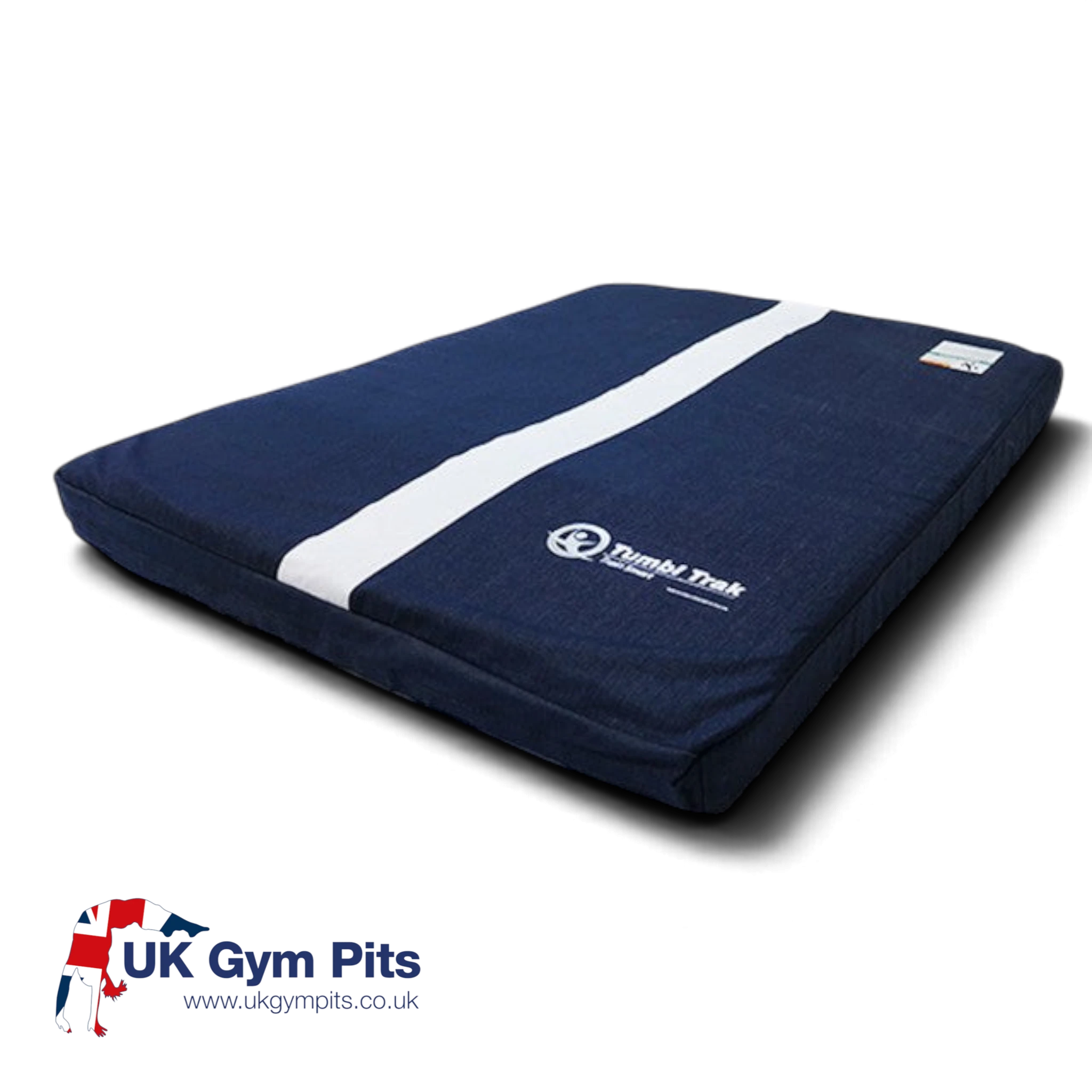 UK Gym Pits soft blue denim gymnastics topper mat with a white centre line for landing practice