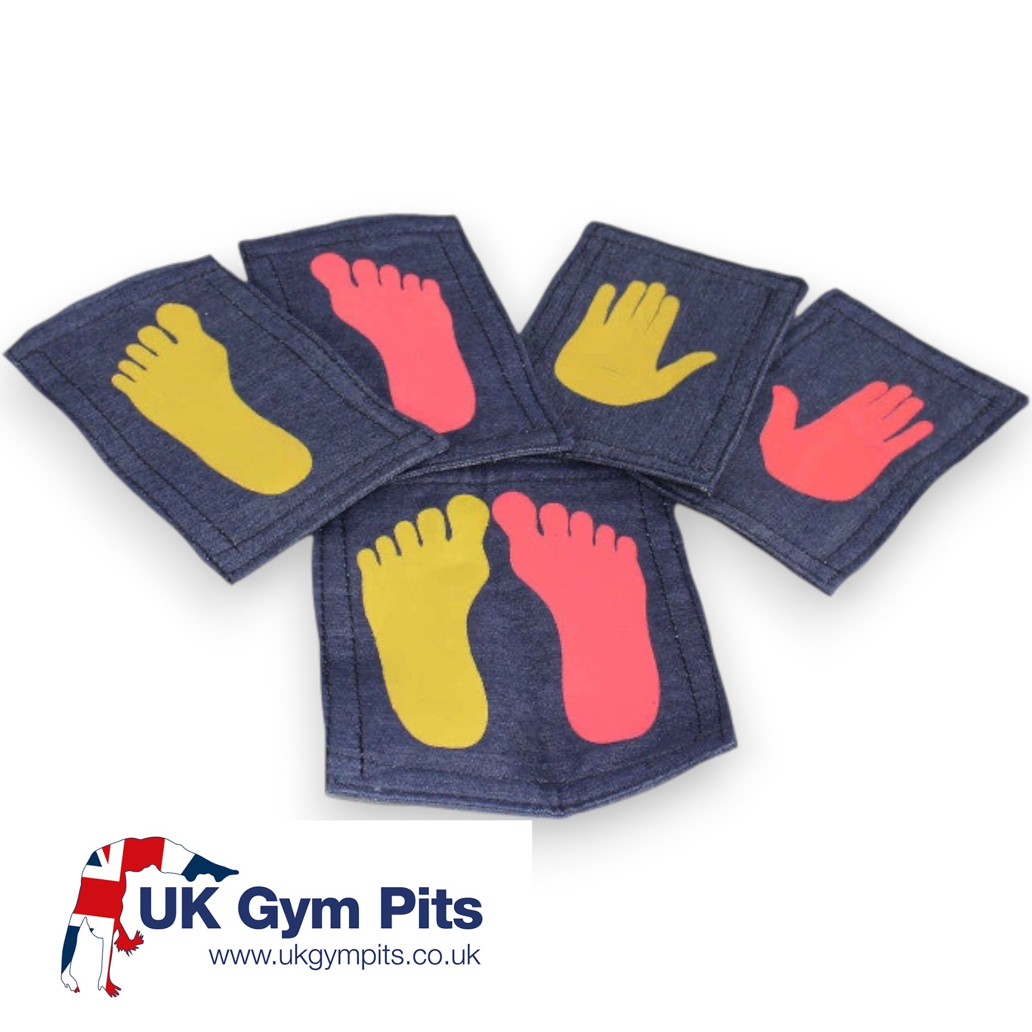 UK Gym Pits denim fabric hand and foot markers with red and yellow prints for gymnastics training and skill placement.