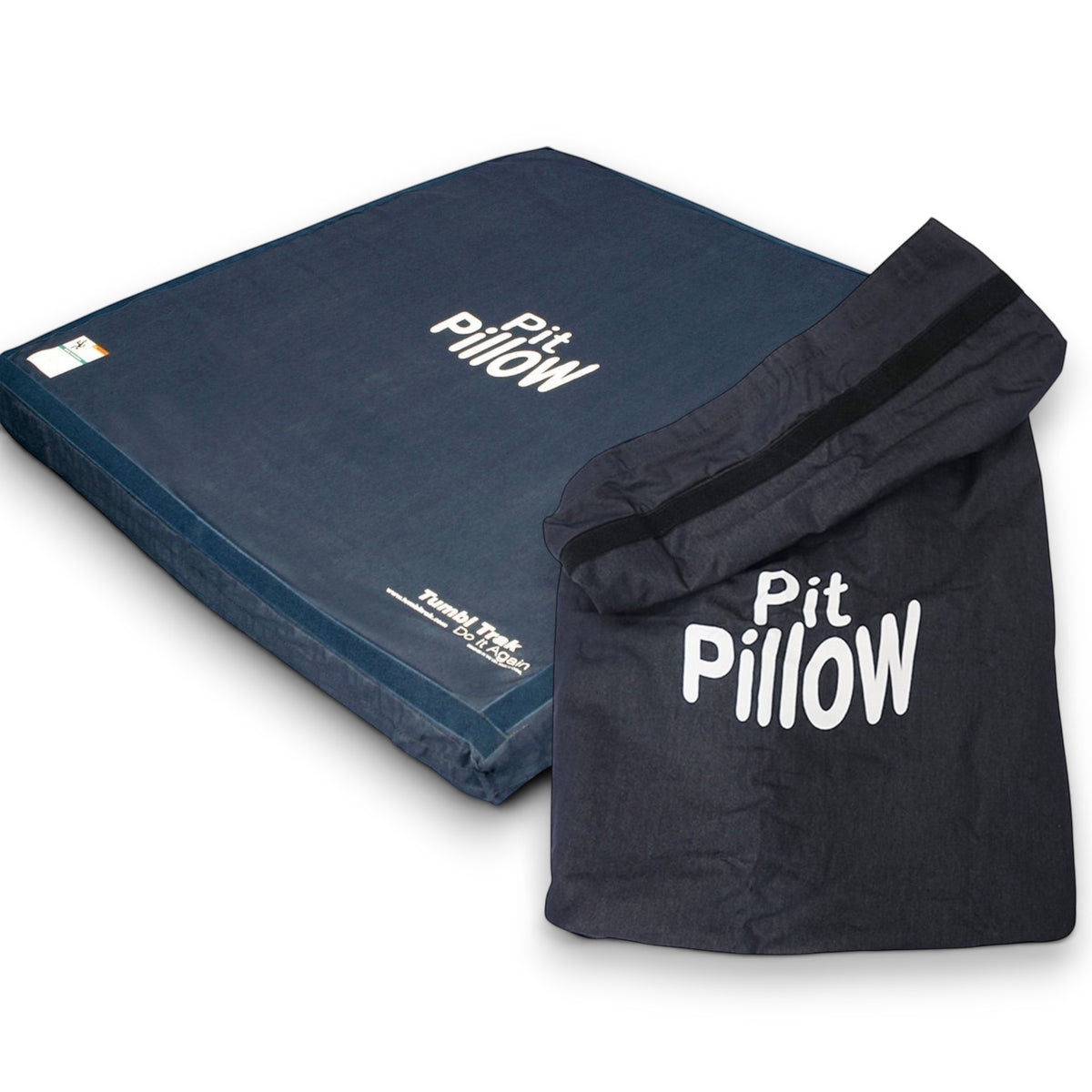 UK Gym Pits blue denim landing mat and matching storage bag for gymnastics training
