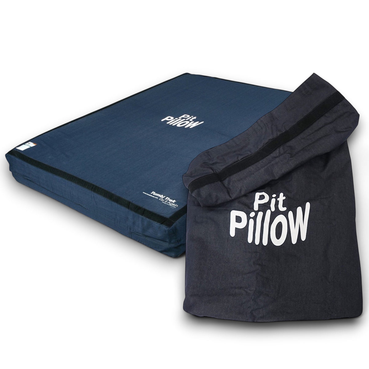 UK Gym Pits blue denim landing mat and storage bag for gymnastics training with Pit Pillow branding