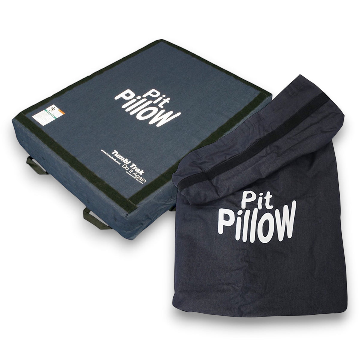 UK Gym Pits blue denim landing mat and matching storage bag for gymnastics training with Pit Pillow branding