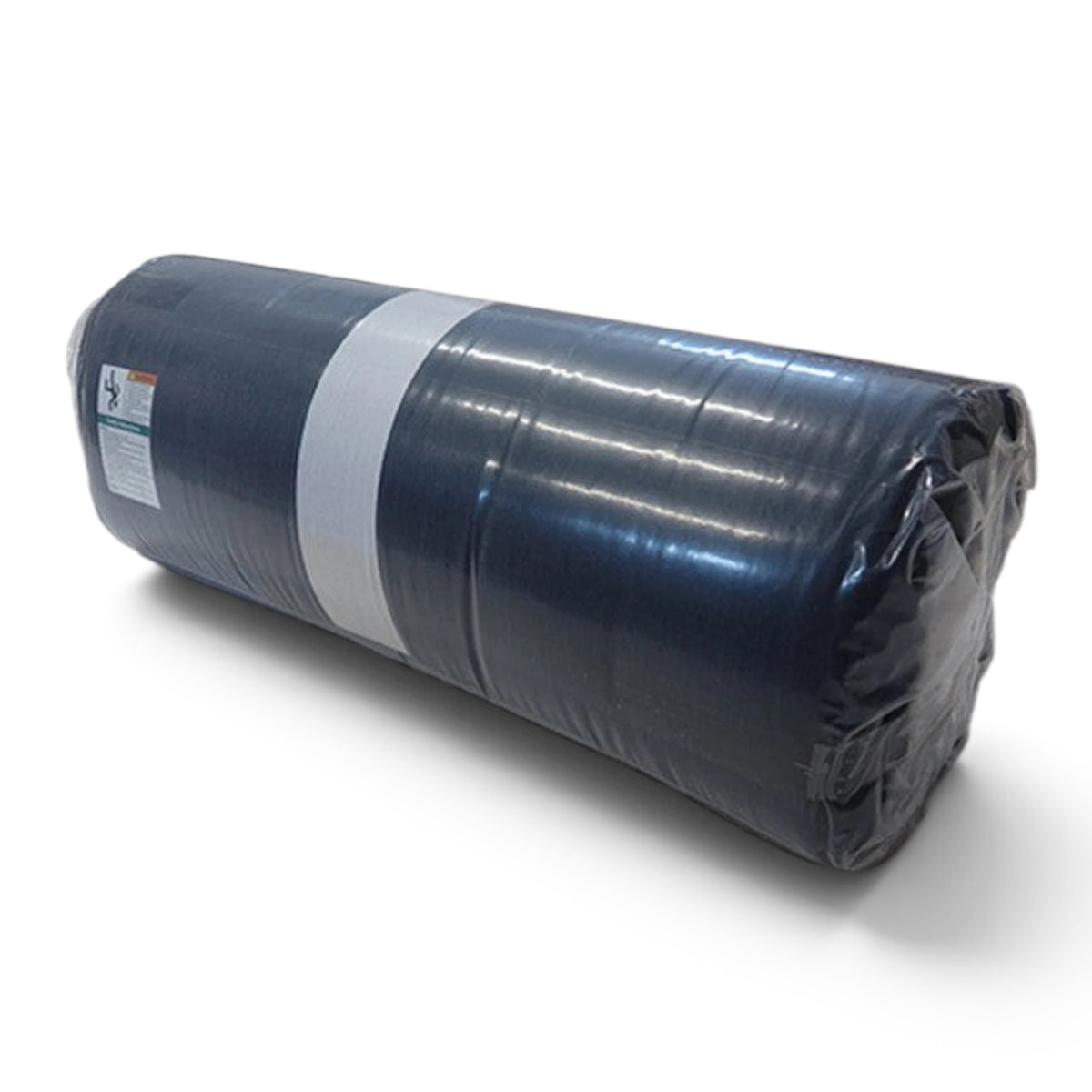 UK Gym Pits soft denim topper mat rolled up in protective plastic packaging with a visible white center guide line.