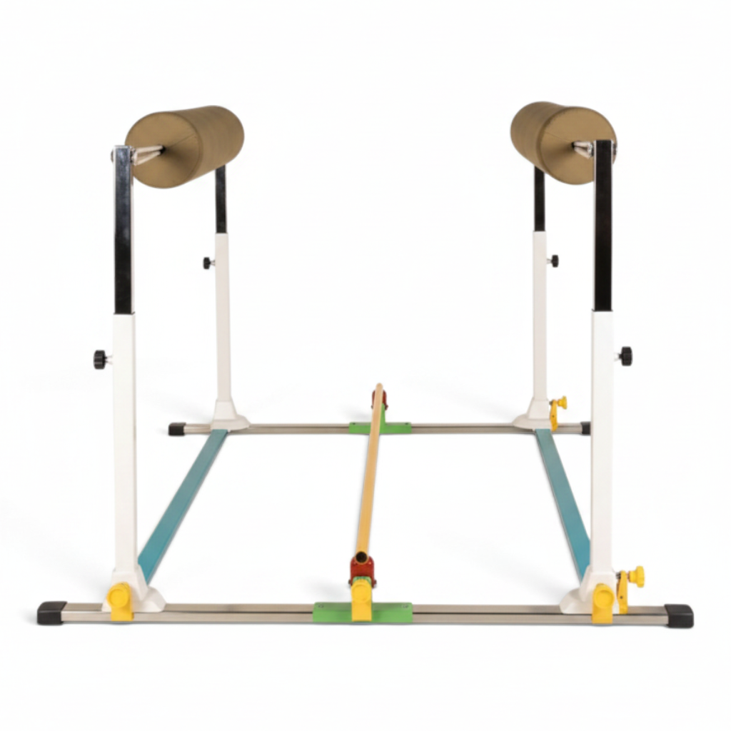 UK Gym Pits Gaofei double handstand bouncer with adjustable height, powder coated steel frame, and padded rollers.