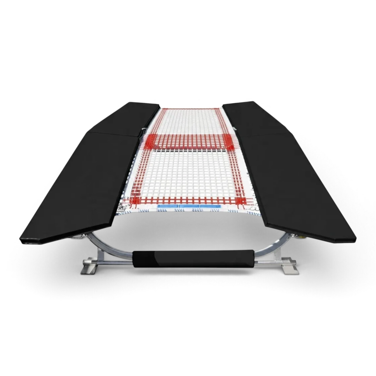 UK Gym Pits FIG specification double mini tramp with black frame pads and white web bed on a zinc plated frame.