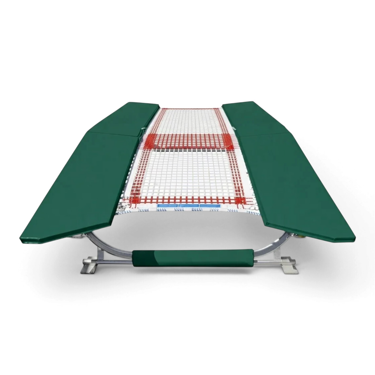 UK Gym Pits FIG specification double mini trampoline with green frame pads and white web bed on a zinc plated frame.