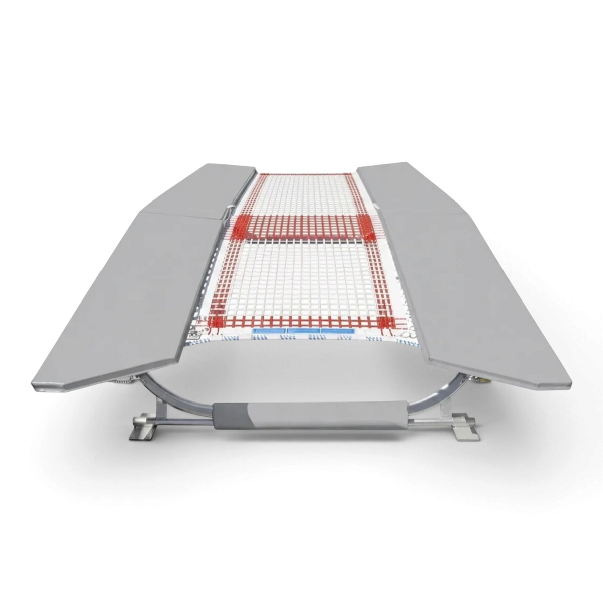 UK Gym Pits FIG specification double mini tramp with grey frame pads and white web bed on a white background