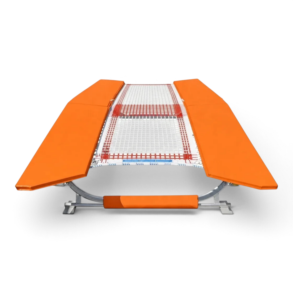 UK Gym Pits FIG specification double mini trampoline with orange frame pads and a white web bed on a zinc plated frame