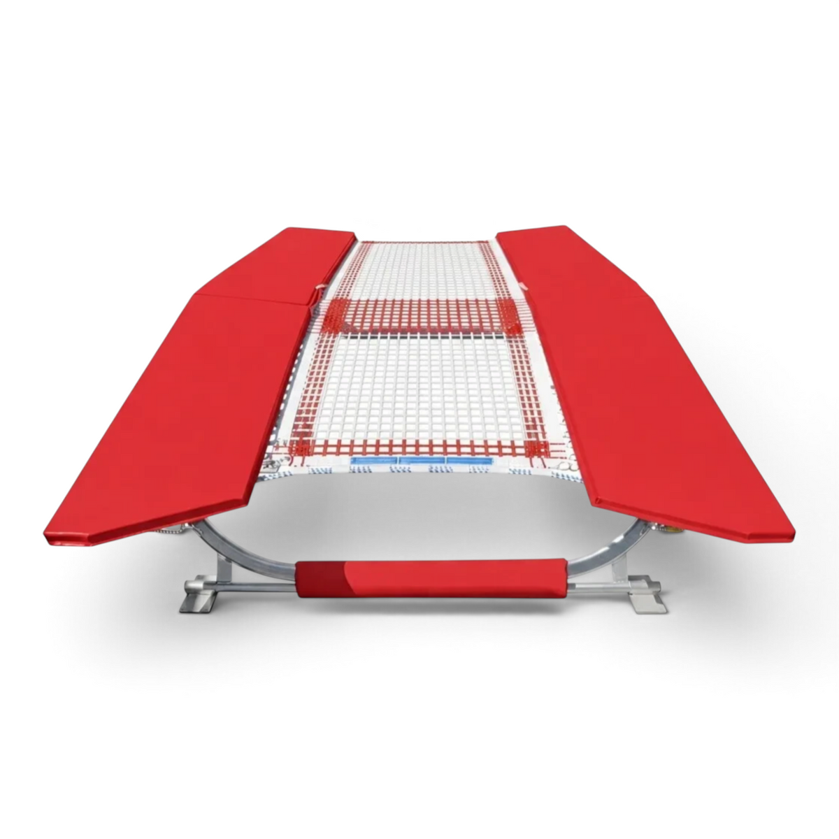 UK Gym Pits double mini tramp with red protective frame pads and white web bed, built to FIG specifications.