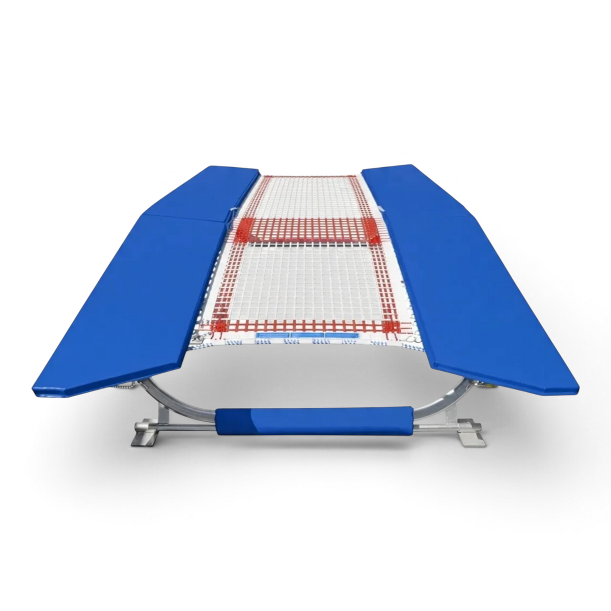 UK Gym Pits FIG specification double mini tramp with blue frame pads and white web bed on a zinc plated steel frame.