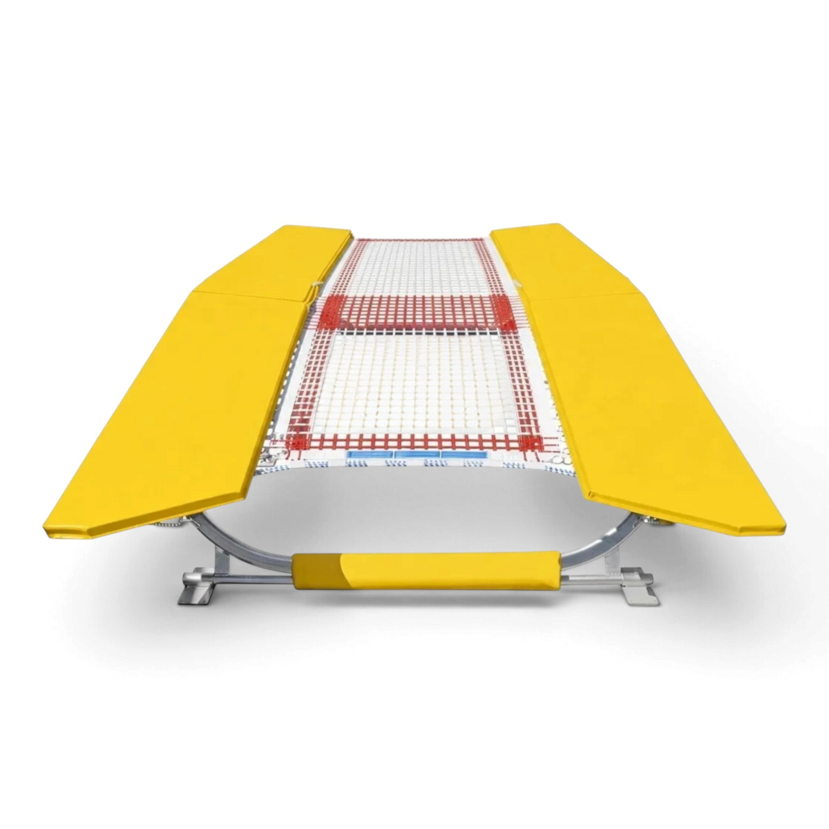 UK Gym Pits FIG specification double mini tramp with yellow frame pads and white web bed on a zinc plated frame