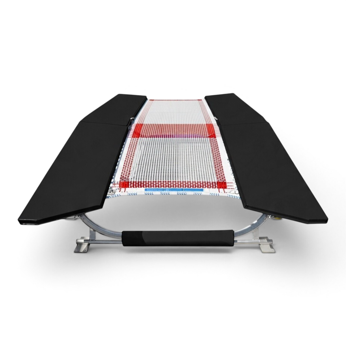 UK Gym Pits FIG specification double mini tramp with black frame pads and white and red web bed on a zinc plated frame