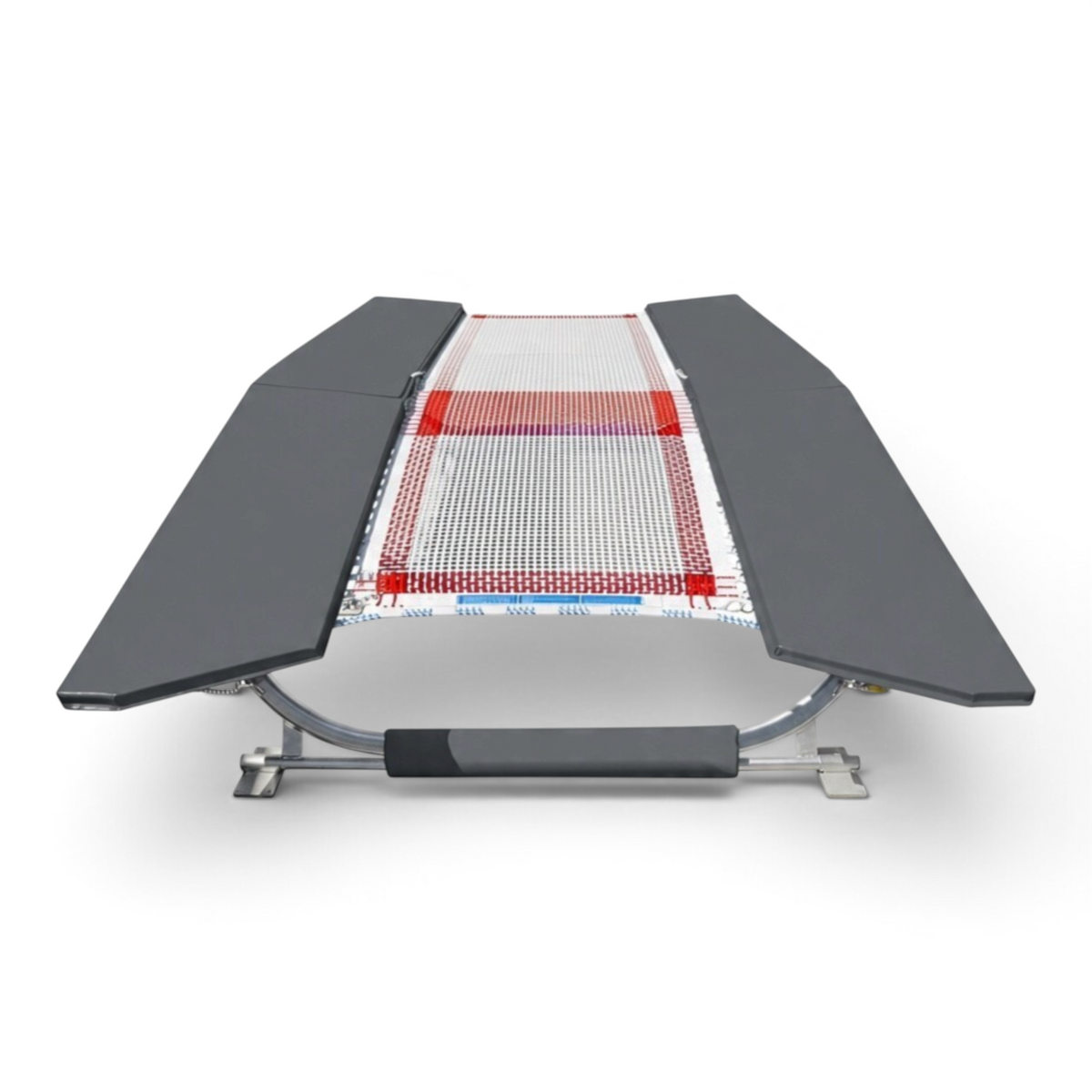 UK Gym Pits double mini tramp with grey frame pads and white web bed, built to FIG specifications for gymnastics.