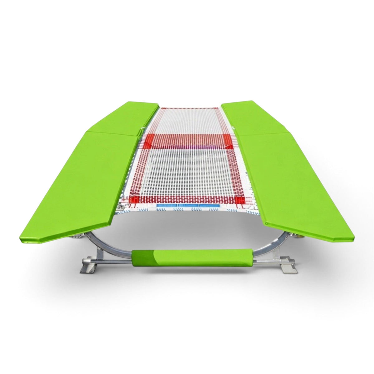 UK Gym Pits double mini trampoline with lime green frame pads and web bed, built to FIG specifications.