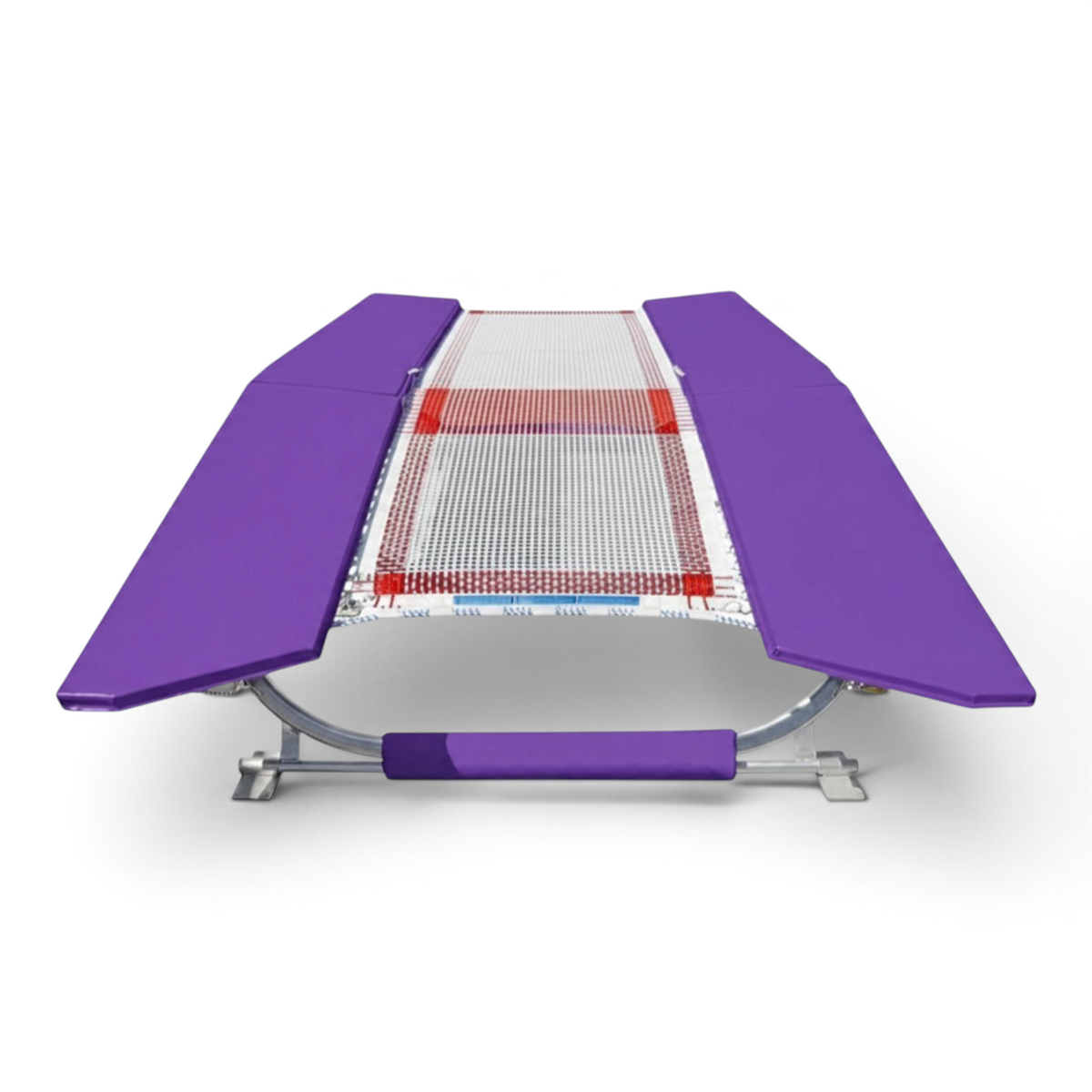 UK Gym Pits FIG specification double mini trampoline with purple frame pads and white web bed on a zinc plated frame