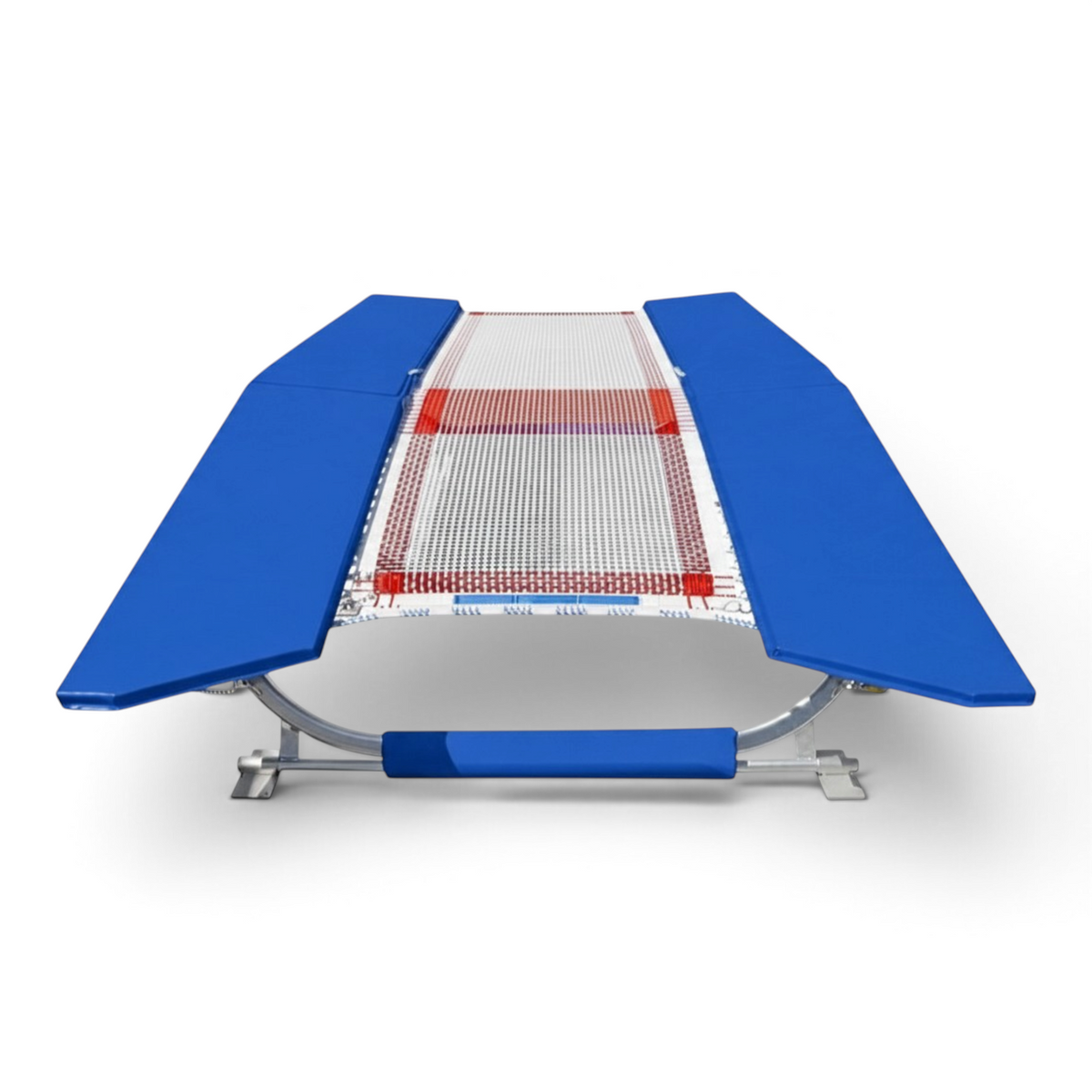 UK Gym Pits FIG specification double mini tramp with blue frame pads and white web bed on a zinc plated steel frame