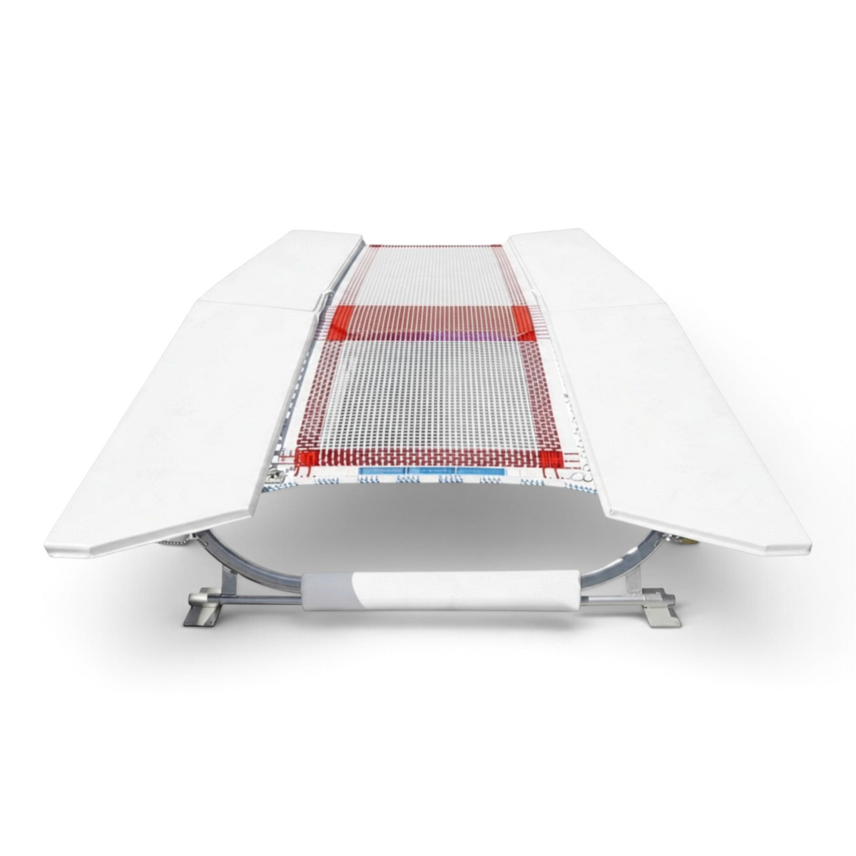 UK Gym Pits FIG specification double mini tramp with white web bed and protective frame pads on a zinc plated frame