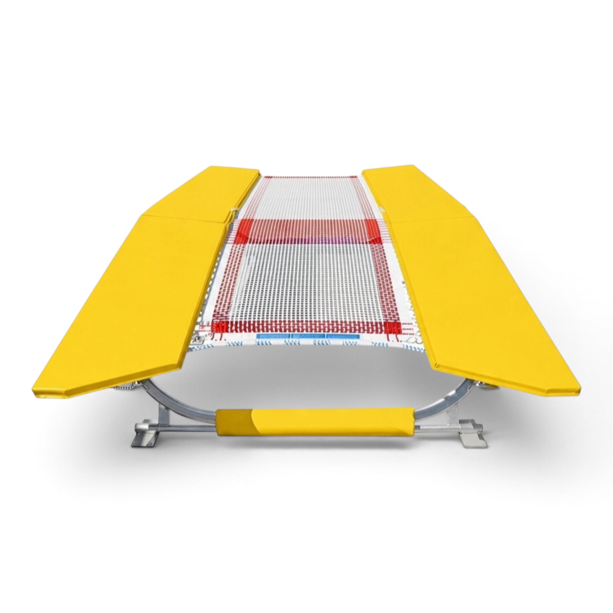 UK Gym Pits FIG specification double mini tramp with yellow frame pads and white web bed on a zinc plated frame