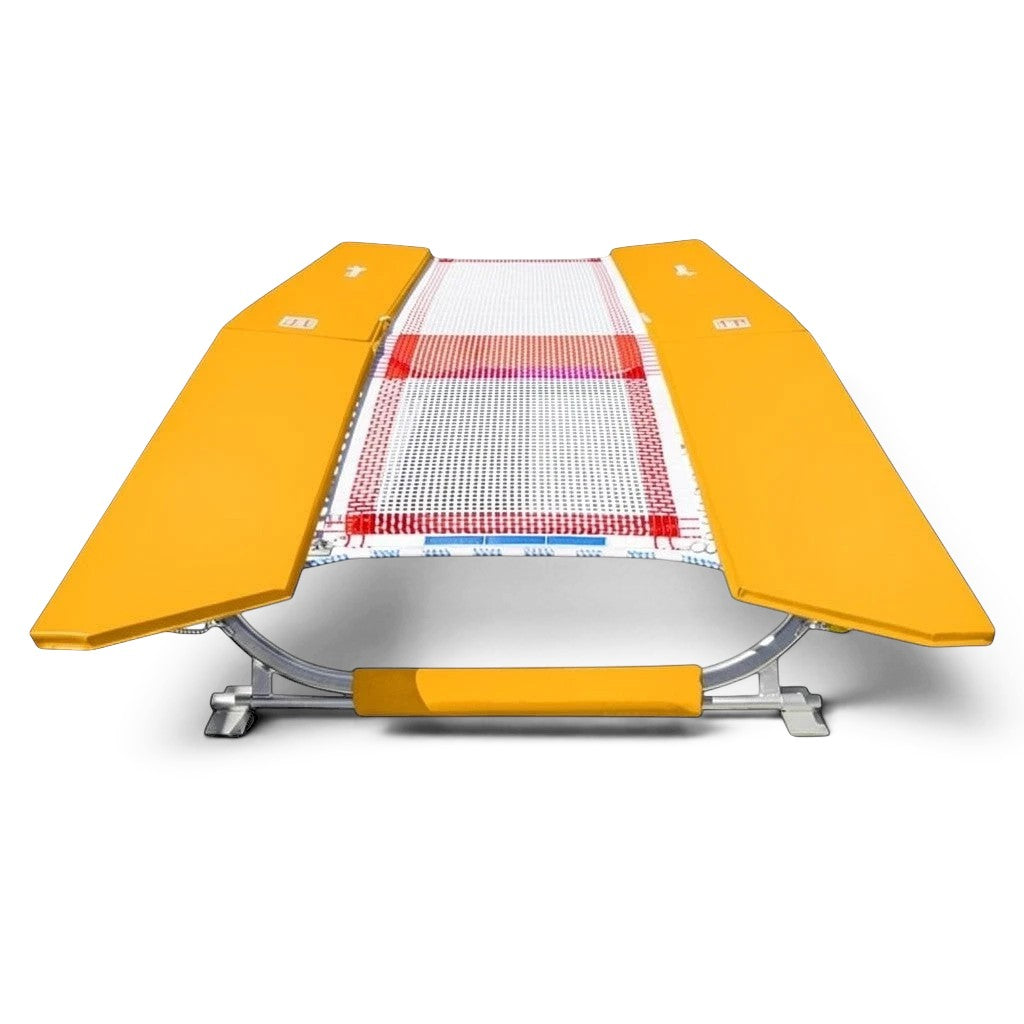 UK Gym Pits FIG specification double mini tramp with yellow frame pads and a white web bed on a zinc plated frame.
