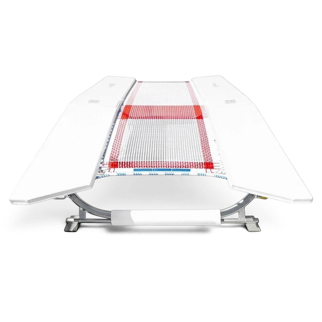 UK Gym Pits FIG specification double mini tramp with white frame pads and a red and white web bed