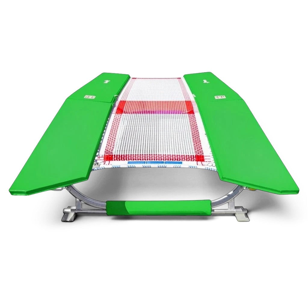 UK Gym Pits FIG specification double mini tramp with green frame pads and a white web bed on a zinc plated frame.