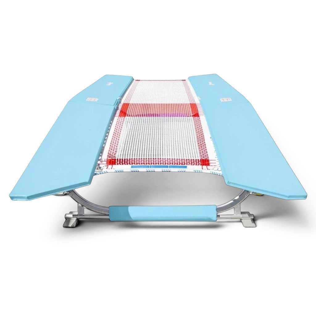 UK Gym Pits FIG specification double mini tramp with light blue frame pads and a white web bed on a zinc plated frame
