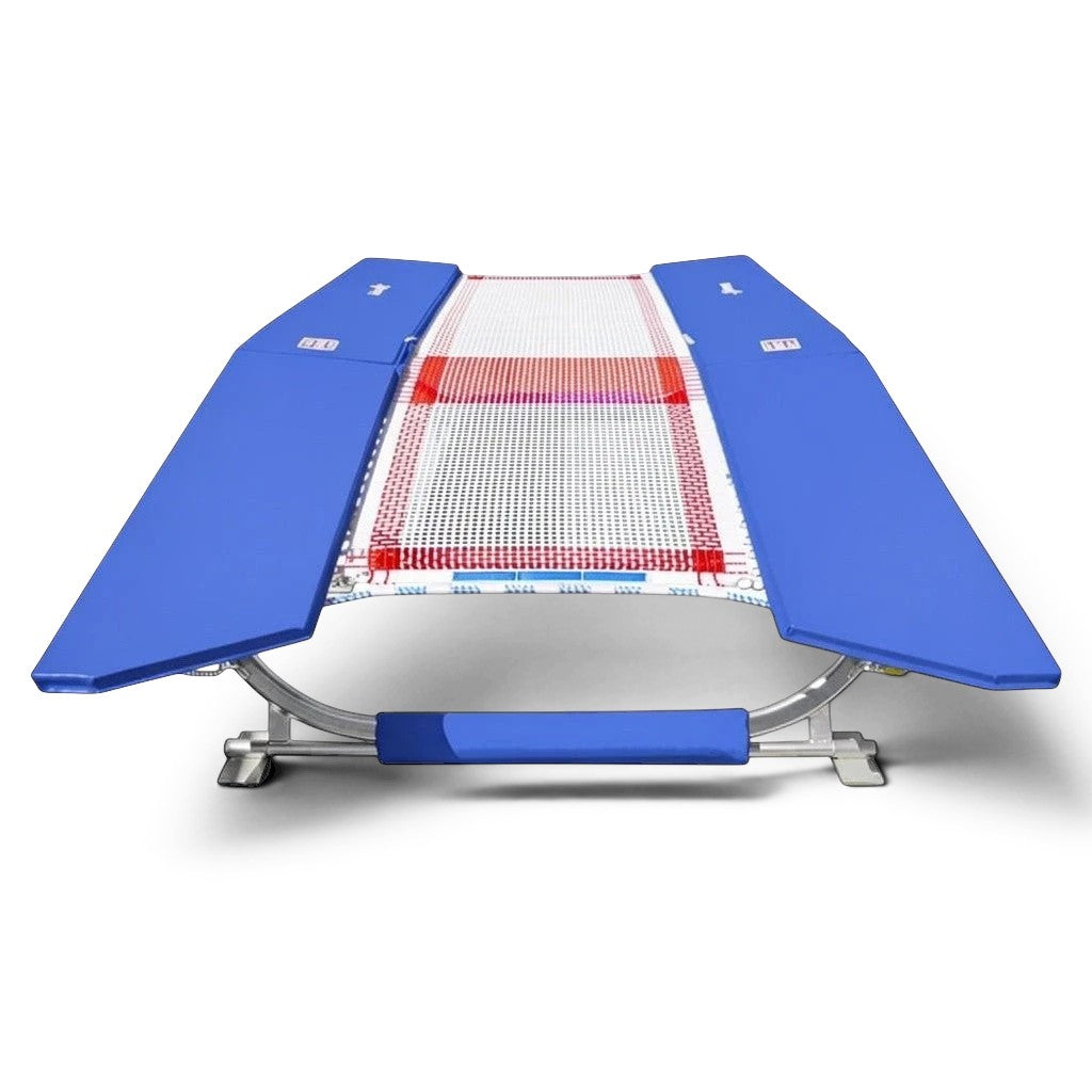 UK Gym Pits FIG specification double mini tramp with blue frame pads and a white web bed on a zinc plated frame.