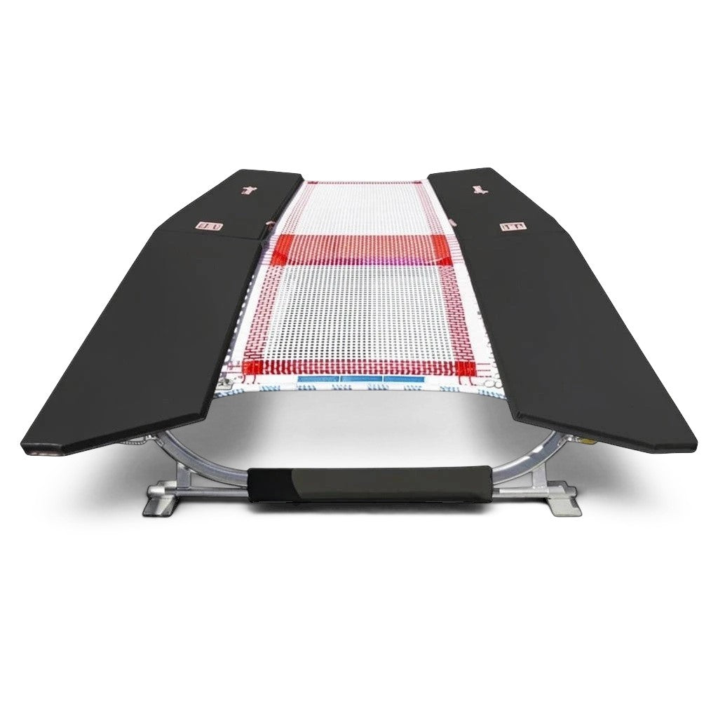 UK Gym Pits FIG specification double mini tramp with black frame pads and white web bed on a zinc plated steel frame
