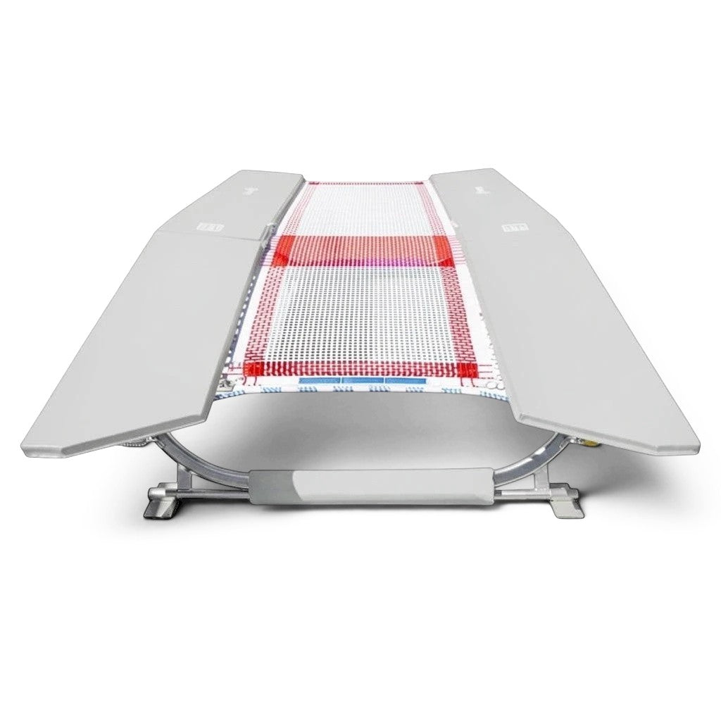 UK Gym Pits double mini trampoline with FIG specification web bed, zinc plated frame, and grey protective pads.