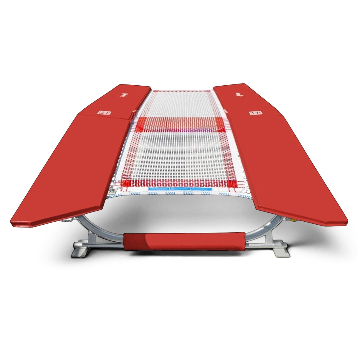 UK Gym Pits FIG specification double mini tramp with red frame pads and white web bed on a zinc plated steel frame