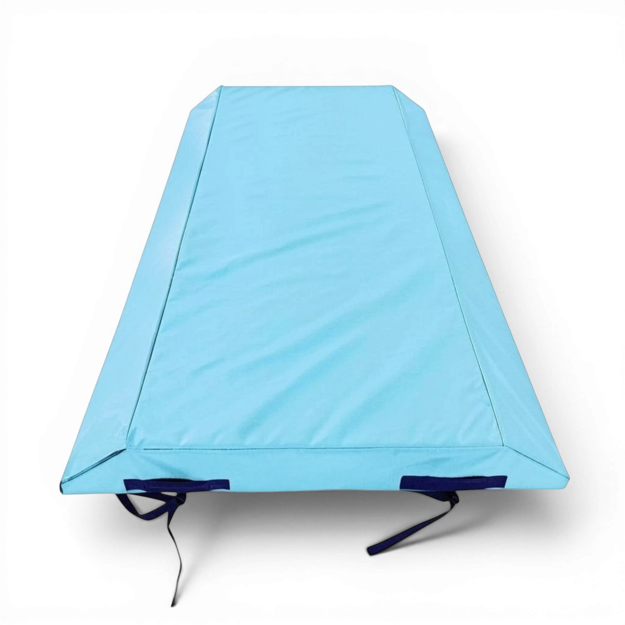 UK Gym Pits light blue double wedge trampoline spotting end deck mat with reinforced PVC cover and webbing straps.