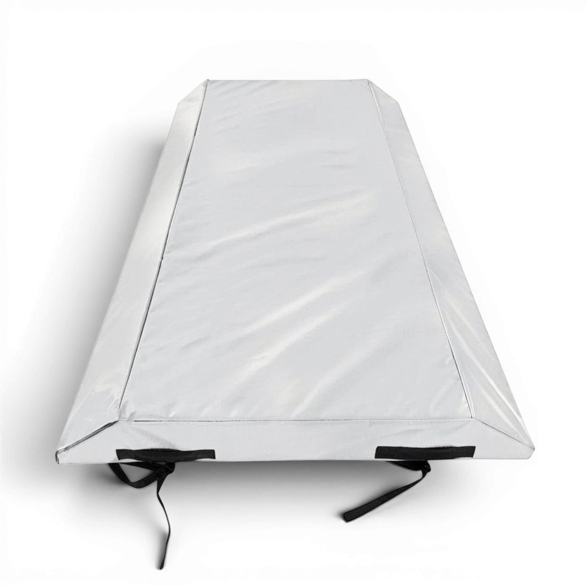 UK Gym Pits double wedge trampoline spotting end deck mat in silver PVC with secure webbing straps and handles.