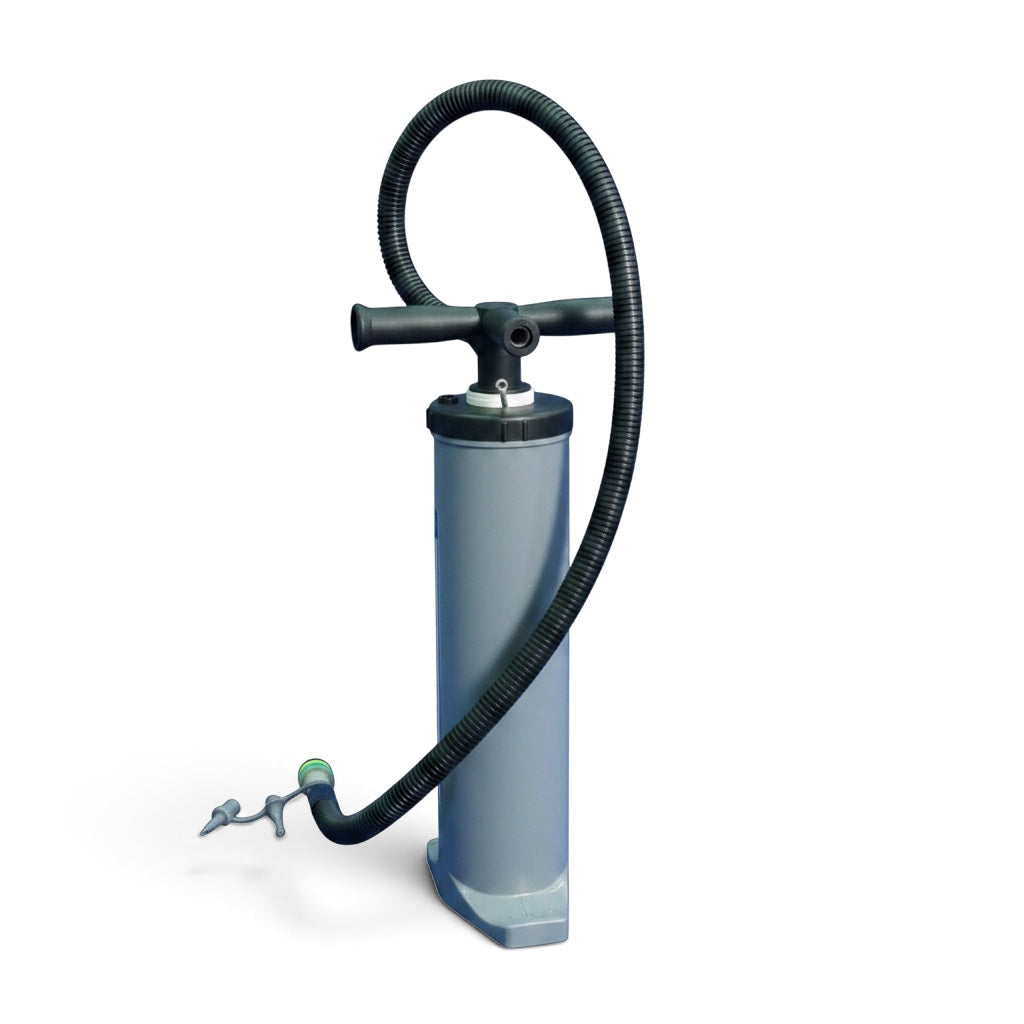 UK Gym Pits dual action hand pump with accordion hose and multiple valve attachments for inflatable gym equipment