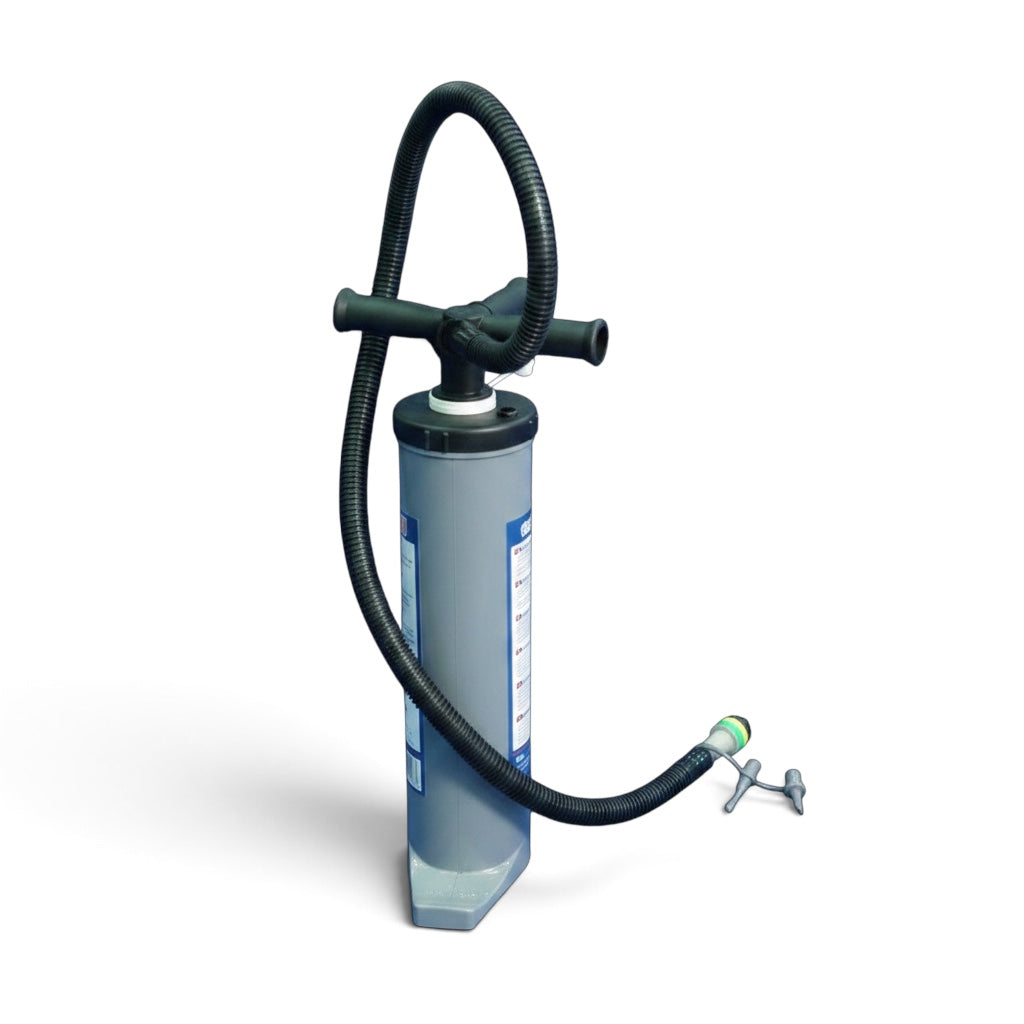 UK Gym Pits dual action hand pump with accordion hose and multiple valve attachments for inflatable gym equipment.