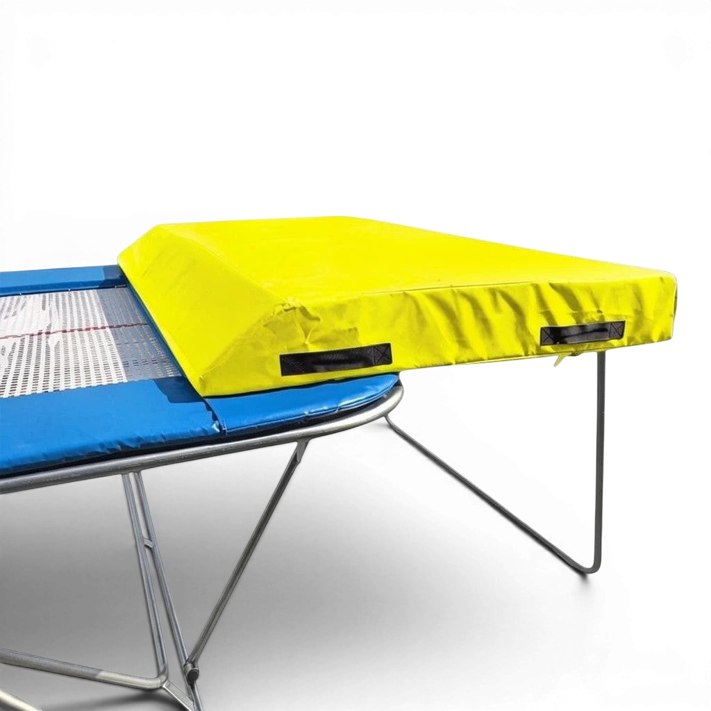 UK Gym Pits economy spotting end deck with a yellow wedged safety mat attached to a trampoline frame