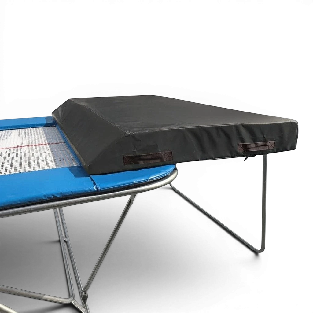 UK Gym Pits economy spotting end deck with black wedged safety mat attached to a trampoline frame