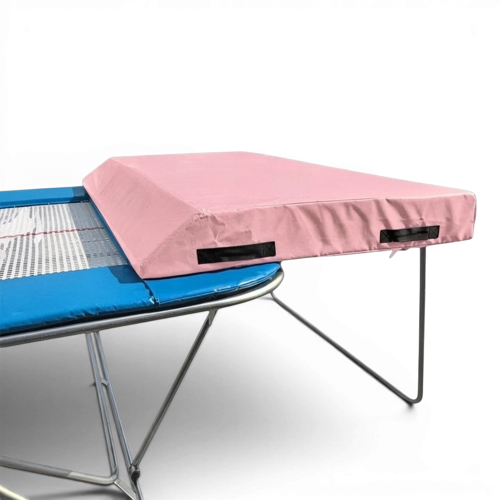 UK Gym Pits economy spotting end deck with a pink wedged safety mat attached to a trampoline frame