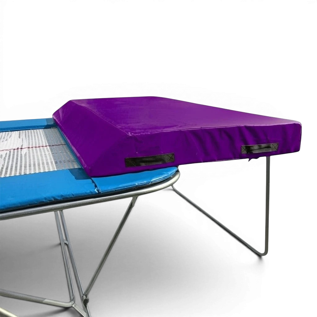 UK Gym Pits economy spotting end deck with a purple wedged safety mat attached to a trampoline frame