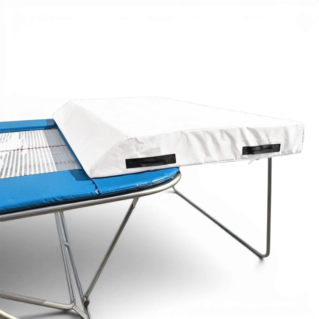 UK Gym Pits economy spotting end deck with white wedged safety mat attached to a trampoline frame